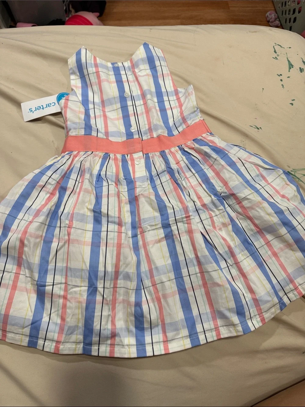 Carter's White Plaid Dress with Blue and Coral Stripes